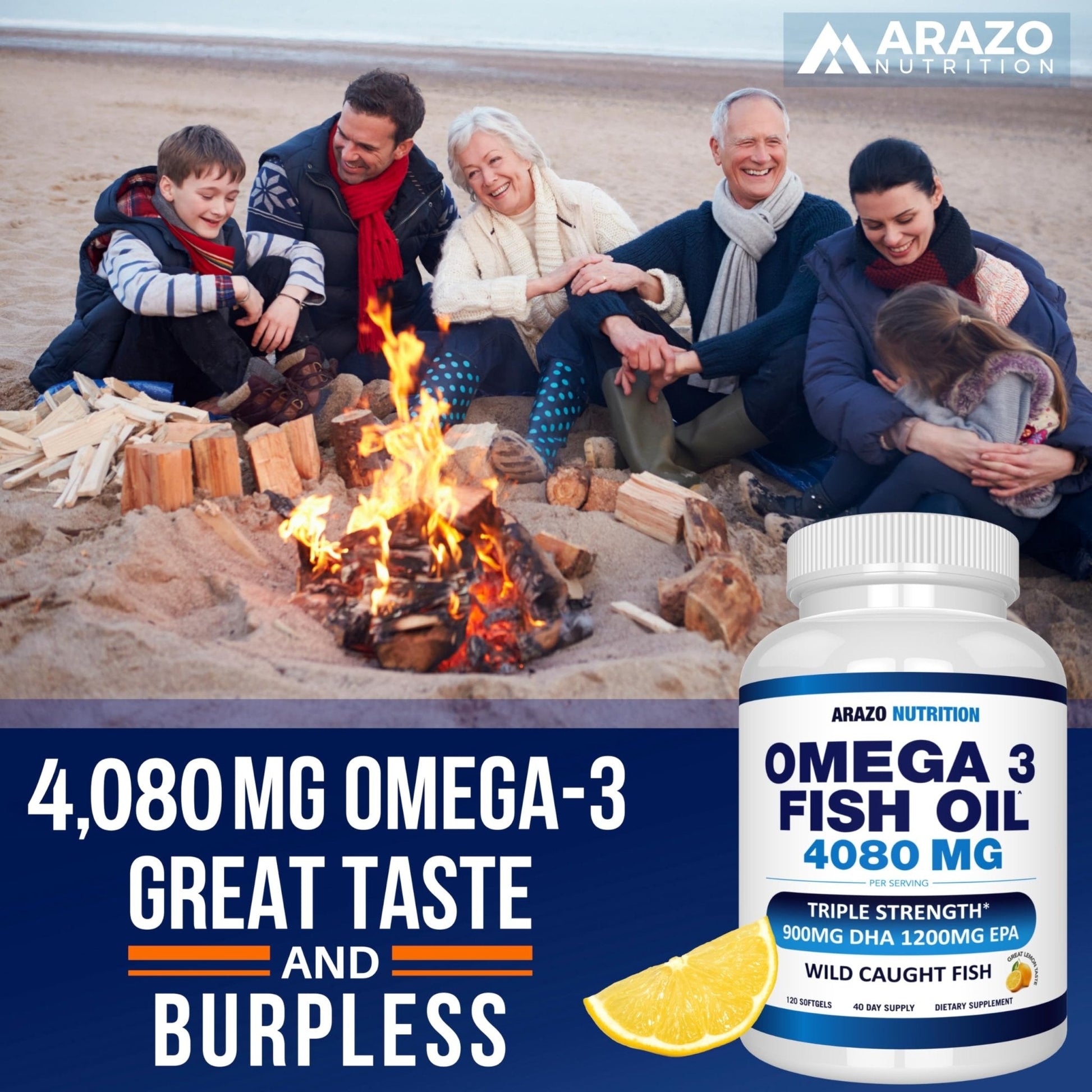Arazo Nutrition Wild Caught Omega-3 Fish Oil Concentrate – 4,080mg per Serving – High EPA 1200mg & DHA 900mg - Maple Wellness Supplements