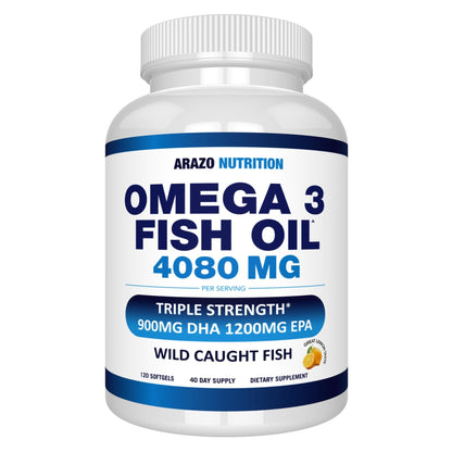 Arazo Nutrition Wild Caught Omega-3 Fish Oil Concentrate – 4,080mg per Serving – High EPA 1200mg & DHA 900mg - Maple Wellness Supplements