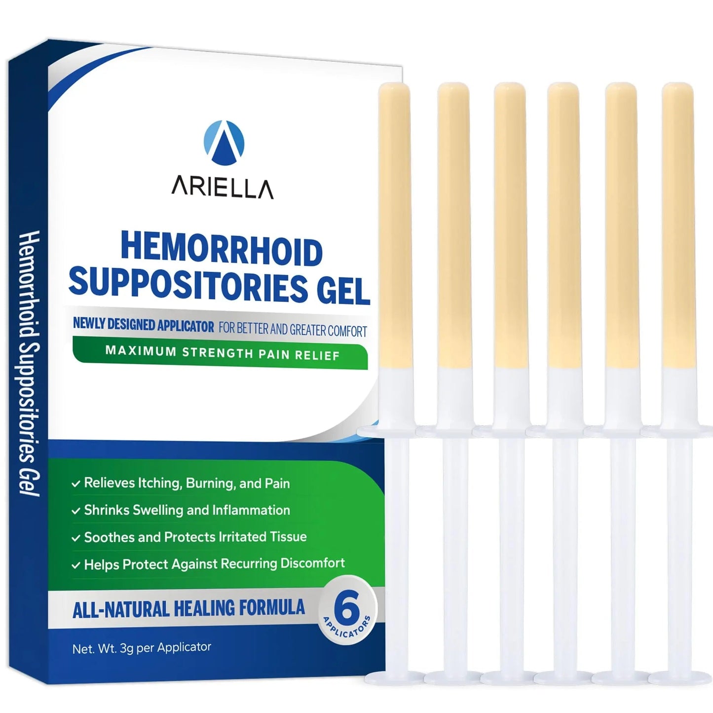 Ariella Hemorrhoid Treatment Suppository Gel: Natural & Herbal - Relieve Itching Burning Discomfort - Internal Relief - New Rounded Applicator - Nighttime Use (Pack of 6) - Maple Wellness Supplements