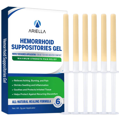 Ariella Hemorrhoid Treatment Suppository Gel: Natural & Herbal - Relieve Itching Burning Discomfort - Internal Relief - New Rounded Applicator - Nighttime Use (Pack of 6) - Maple Wellness Supplements