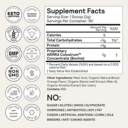 ARMRA Colostrum Powder | Blood Orange | Gut Health & Bloating | Skin & Hair | Immunity | Keto, Gluten & Fat-Free | 90 Servings - Maple Wellness Supplements