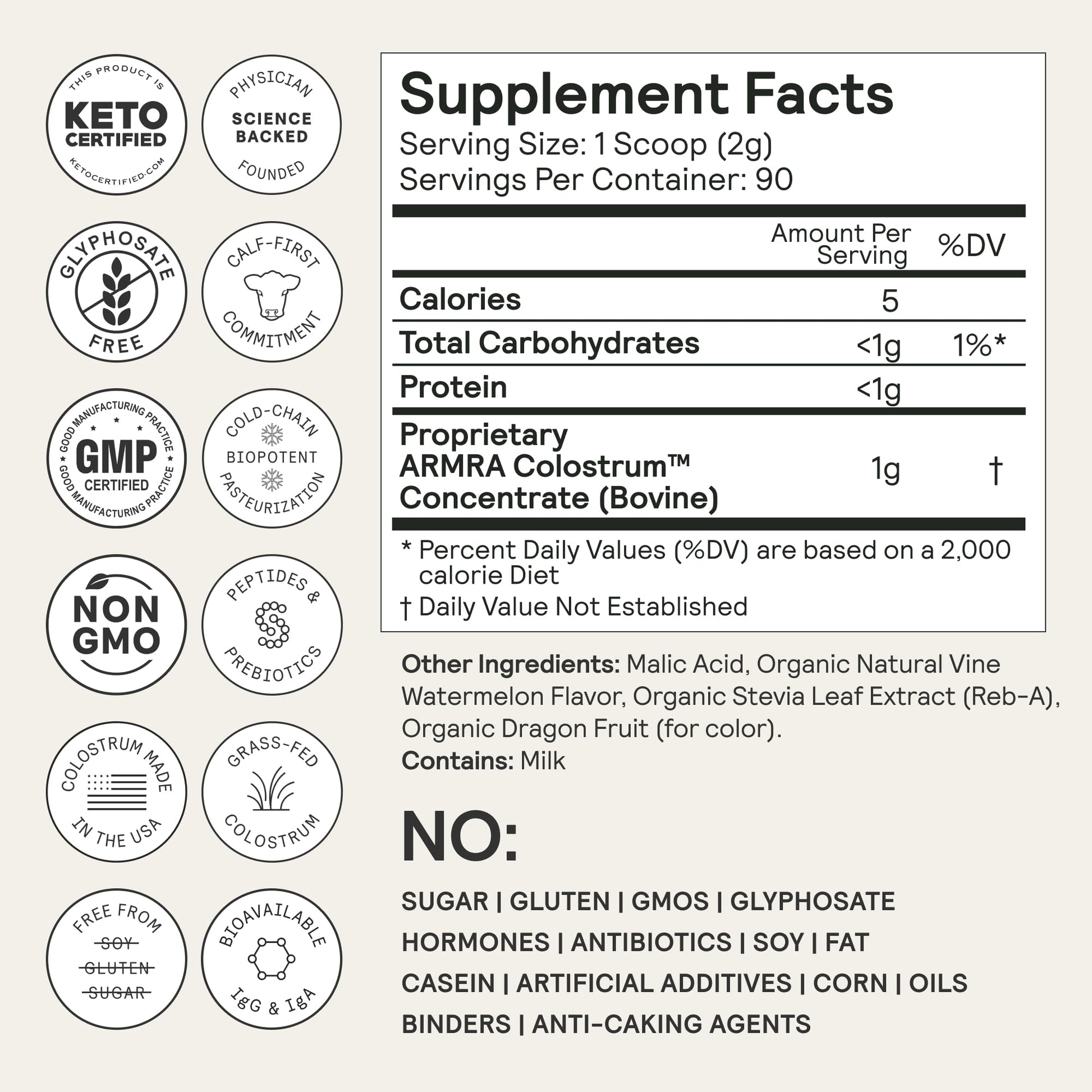 ARMRA Colostrum Powder | Vine Watermelon | Gut Health & Bloating | Skin & Hair | Immunity | Keto, Gluten & Fat-Free | 90 Servings - Maple Wellness Supplements