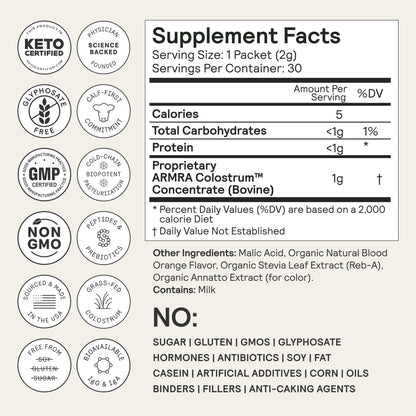 ARMRA Colostrum™ Premium Powder, Grass Fed, Gut Health Bloating Immunity Skin & Hair, Contains 400+ Bioactive Nutrients, Keto, Gluten & Fat Free (Blood Orange Bundle | 90 Servings) - Maple Wellness Supplements