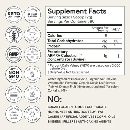 ARMRA Colostrum™ Premium Powder, Grass Fed, Gut Health Bloating Immunity Skin & Hair, Contains 400+ Bioactive Nutrients, Keto, Gluten & Fat Free (Vine Watermelon Bundle | 120 Servings) - Maple Wellness Supplements
