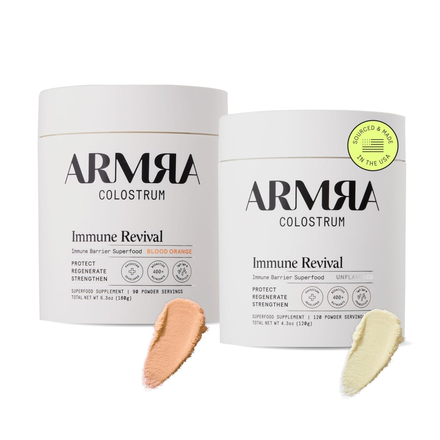 ARMRA Colostrum™ Premium Powder, Grass Fed, Gut Health Bloating Immunity Skin & Hair, Contains 400+ Bioactive Nutrients, Potent Bioavailable, Keto, Gluten & Fat Free (Unflavored and Blood Orange Jars) - Maple Wellness Supplements
