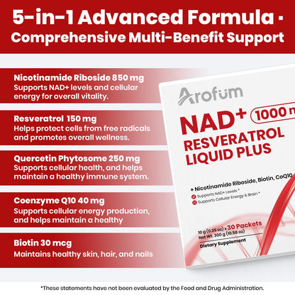 Arofum NAD+ Liquid Supplement 1000mg | 850mg Nicotinamide Riboside with Resveratrol, Quercetin, CoQ10 & Biotin | Cellular Energy, DNA Repair, Healthy Aging | NAD Supplements for Women & Men 30 Packets - Maple Wellness Supplements