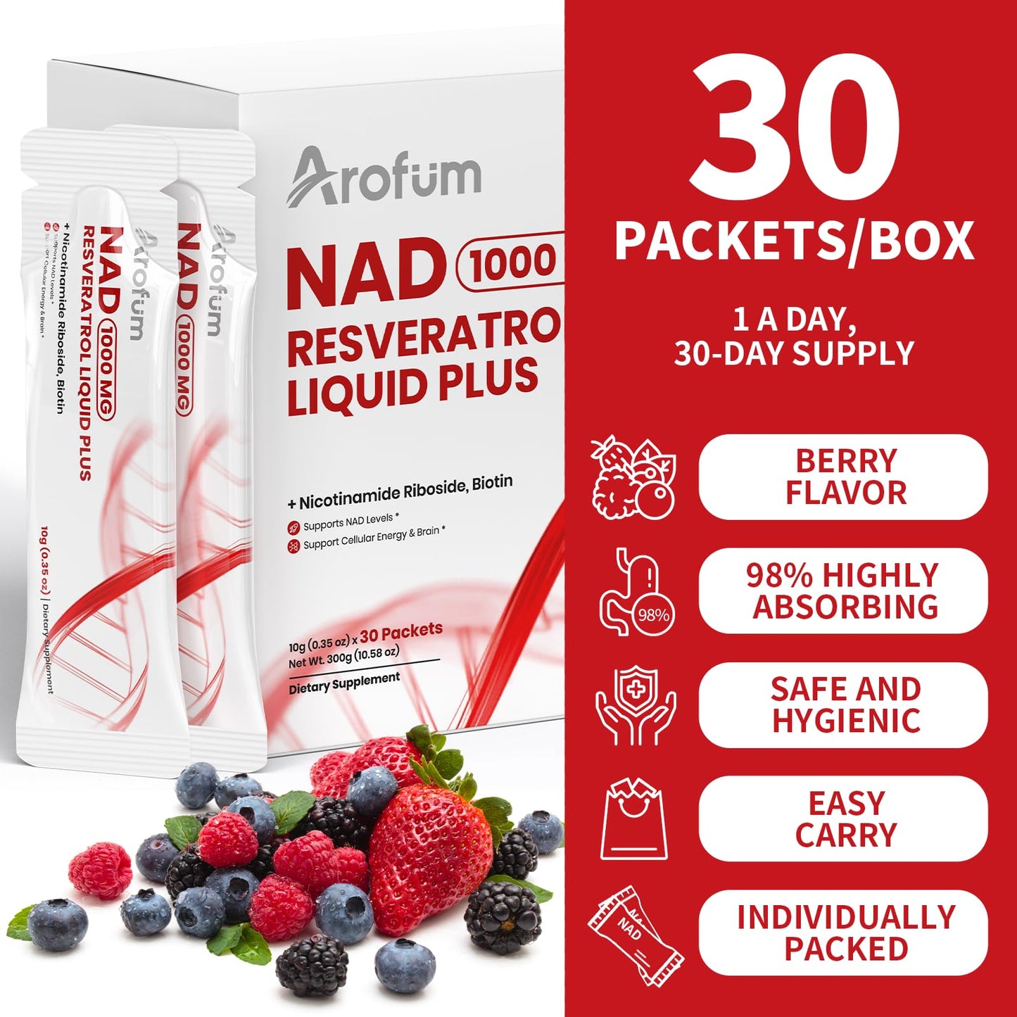Arofum NAD+ Liquid Supplement 1000mg | 850mg Nicotinamide Riboside with Resveratrol, Quercetin, CoQ10 & Biotin | Cellular Energy, DNA Repair, Healthy Aging | NAD Supplements for Women & Men 30 Packets - Maple Wellness Supplements