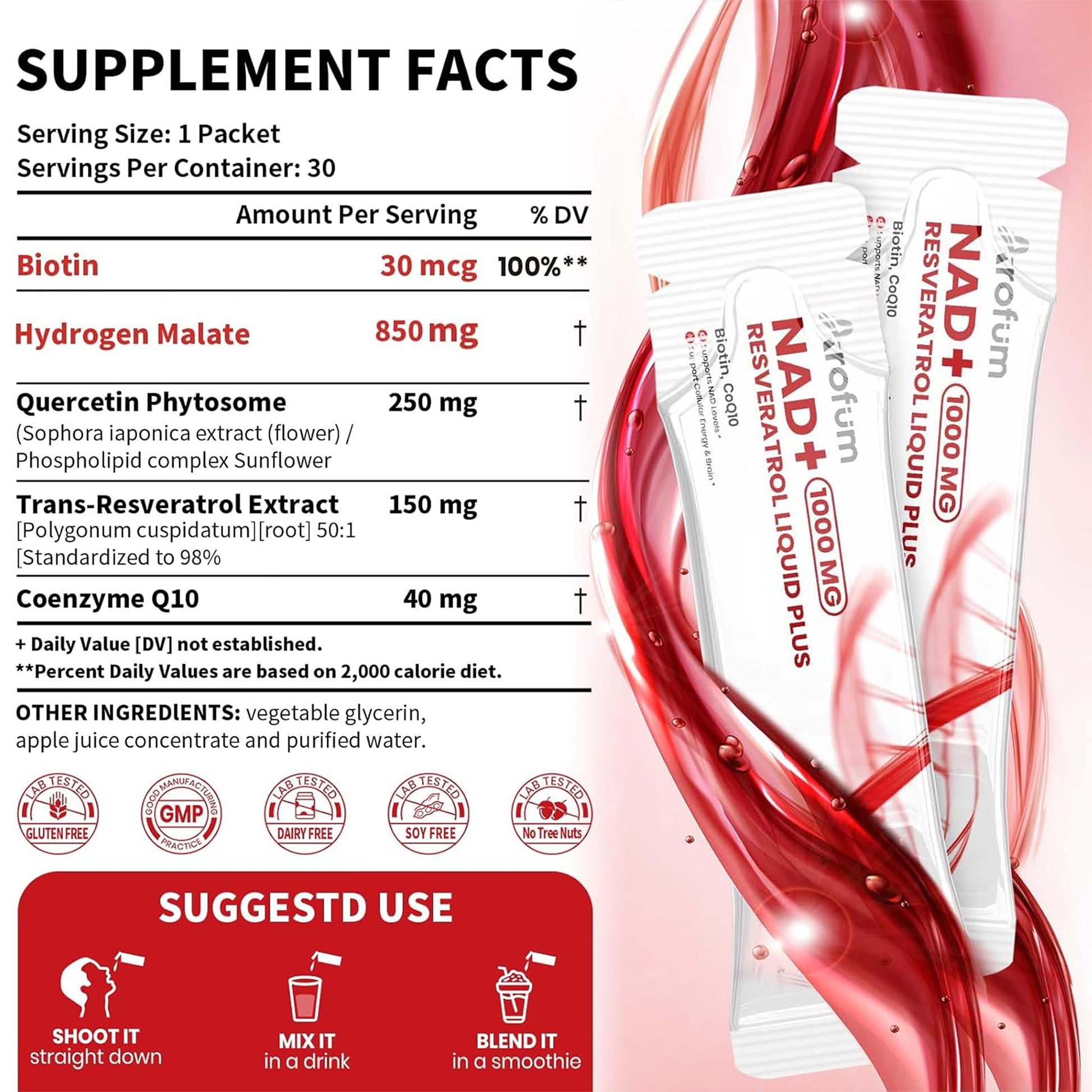 Arofum NAD+ Liquid Supplement 1000mg | 850mg Nicotinamide Riboside with Resveratrol, Quercetin, CoQ10 & Biotin | Cellular Energy, DNA Repair, Healthy Aging | NAD Supplements for Women & Men 30 Packets - Maple Wellness Supplements