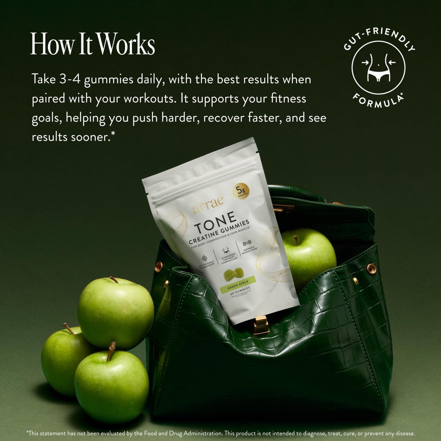 Arrae Tone Gummies – Creatine Monohydrate 5g for Women – Support Lean Muscle, Strength & Recovery – Hormone-Friendly Muscle Toning Supplement – Sour Green Apple Flavor – 60 Count (Sour Green Apple) - Maple Wellness Supplements