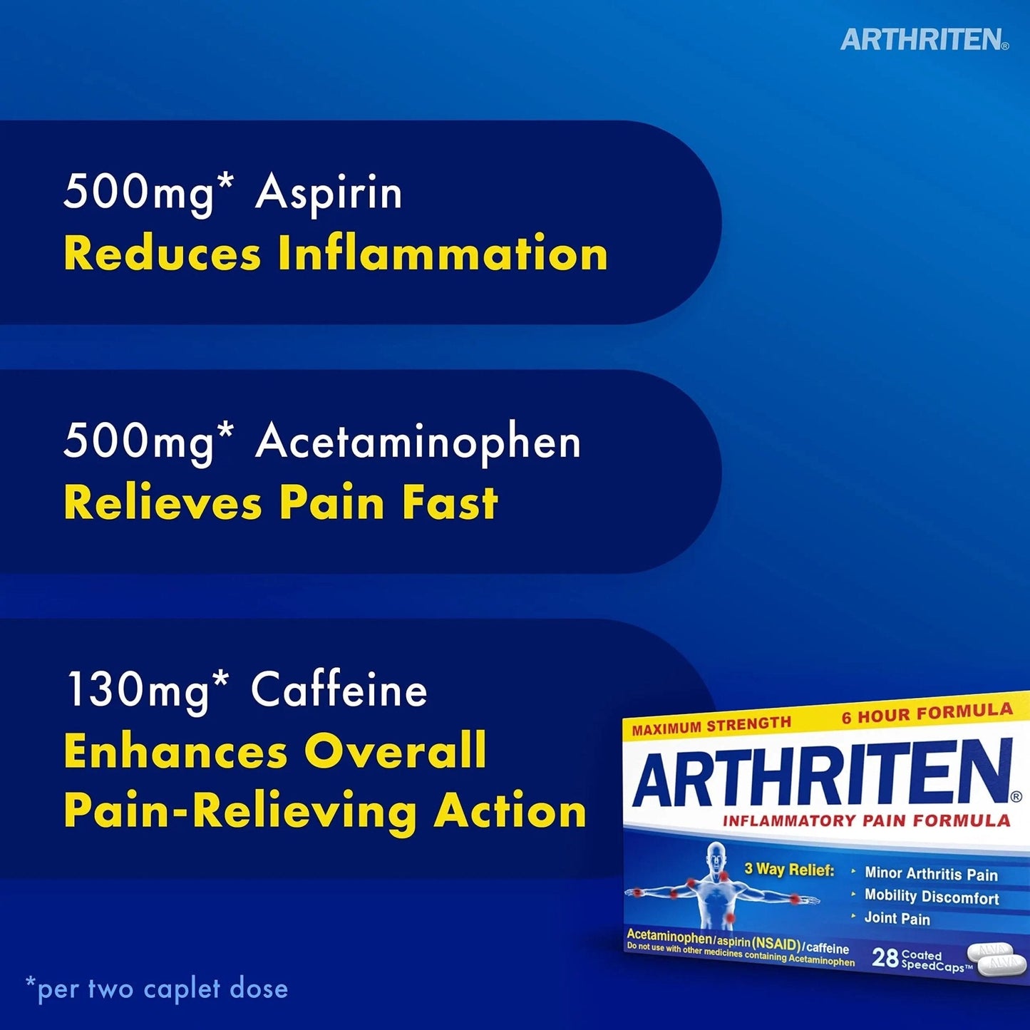 Arthriten Inflammatory Pain Formula Caplets with 3 Active Ingredients: Aspirin, Acetaminophen & Caffeine, White, 28 Count (Pack of 1) - Maple Wellness Supplements