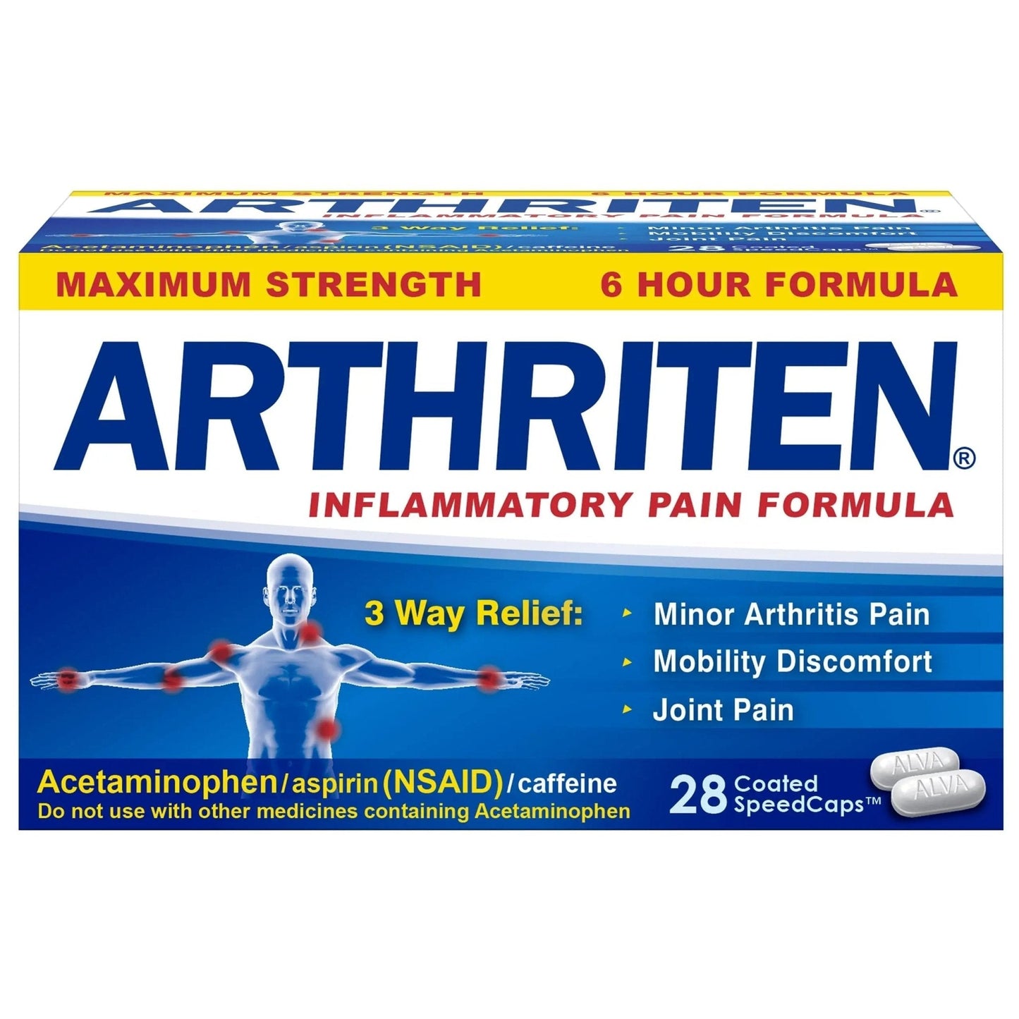 Arthriten Inflammatory Pain Formula Caplets with 3 Active Ingredients: Aspirin, Acetaminophen & Caffeine, White, 28 Count (Pack of 1) - Maple Wellness Supplements