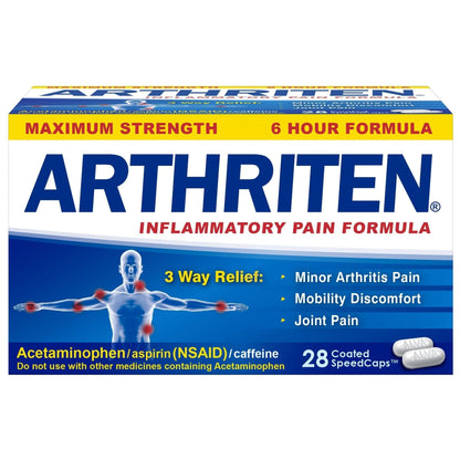 Arthriten Inflammatory Pain Formula Caplets with 3 Active Ingredients: Aspirin, Acetaminophen & Caffeine, White, 28 Count (Pack of 1) - Maple Wellness Supplements