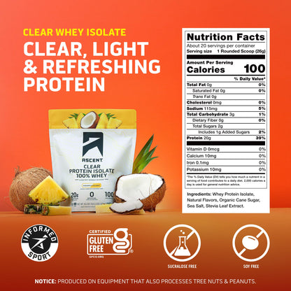 Ascent 100% Clear Whey Protein Powder - Post Workout Whey Protein Isolate, Zero Artificial Flavors & Sweeteners, Gluten Free, 5.5g BCAA, 2.1g Leucine, Essential Amino Acids, Pineapple Coconut, 20 Serv - Maple Wellness Supplements