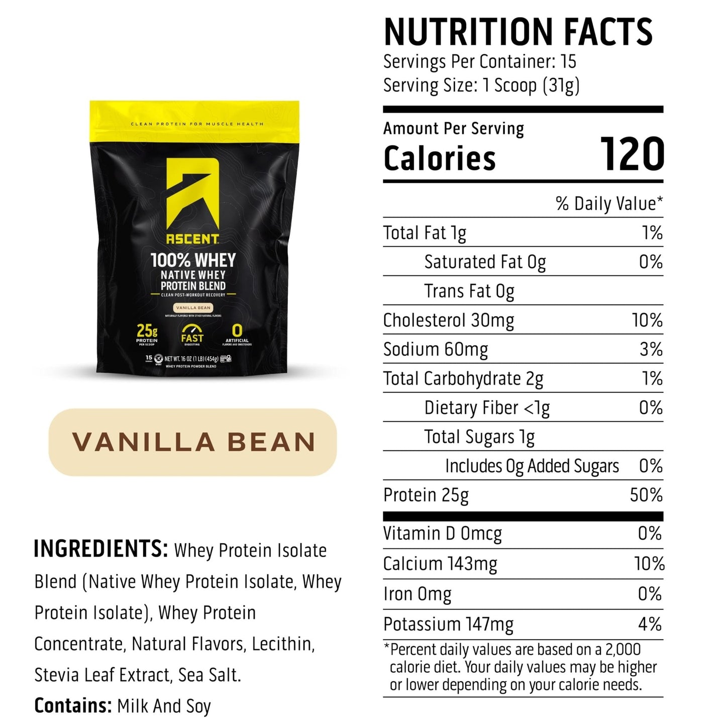 Ascent 100% Whey Protein Powder - Post Workout Whey Protein Isolate, Zero Artificial Flavors & Sweeteners, Gluten Free, 5.5g BCAA, - Maple Wellness Supplements