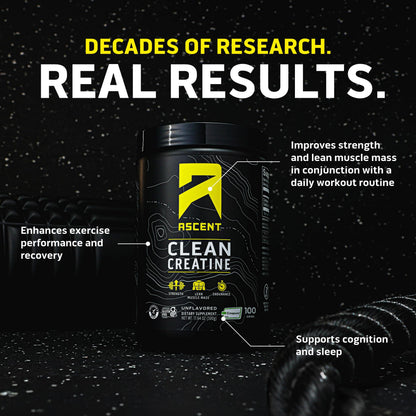 Ascent Clean Creatine Monohydrate Powder - 5G Per Serving, Creapure Creatine Supplement - Unflavored, 100 Servings - Maple Wellness Supplements