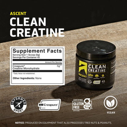 Ascent Clean Creatine Monohydrate Powder - 5G Per Serving, Creapure Supplement - Unflavored, 45 Servings - Maple Wellness Supplements
