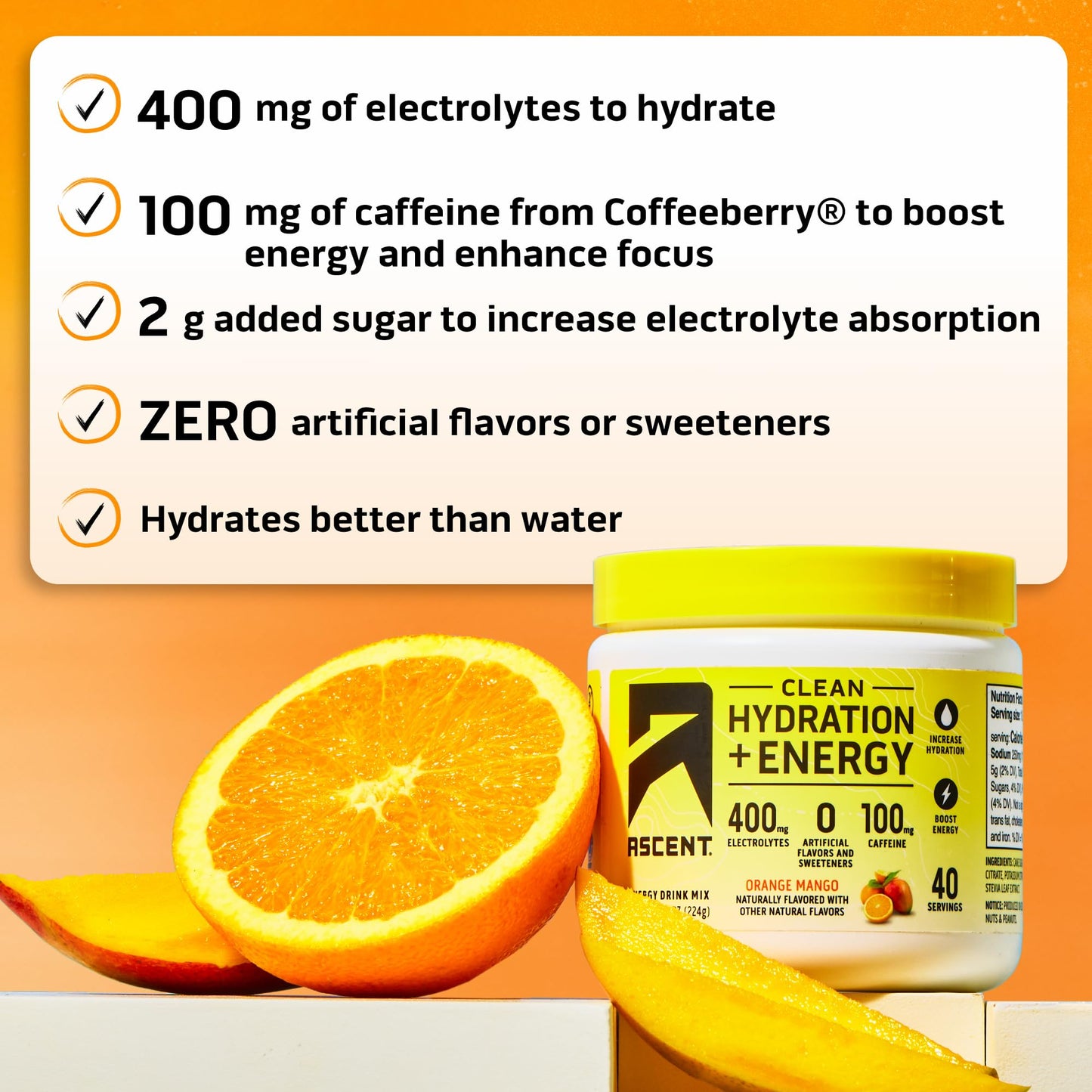 Ascent Clean Hydration + Energy Electrolytes Powder - 100mg Caffeine, 400mg Electrolytes, No Artificial Ingredients, Orange Mango 40 Servings - Maple Wellness Supplements