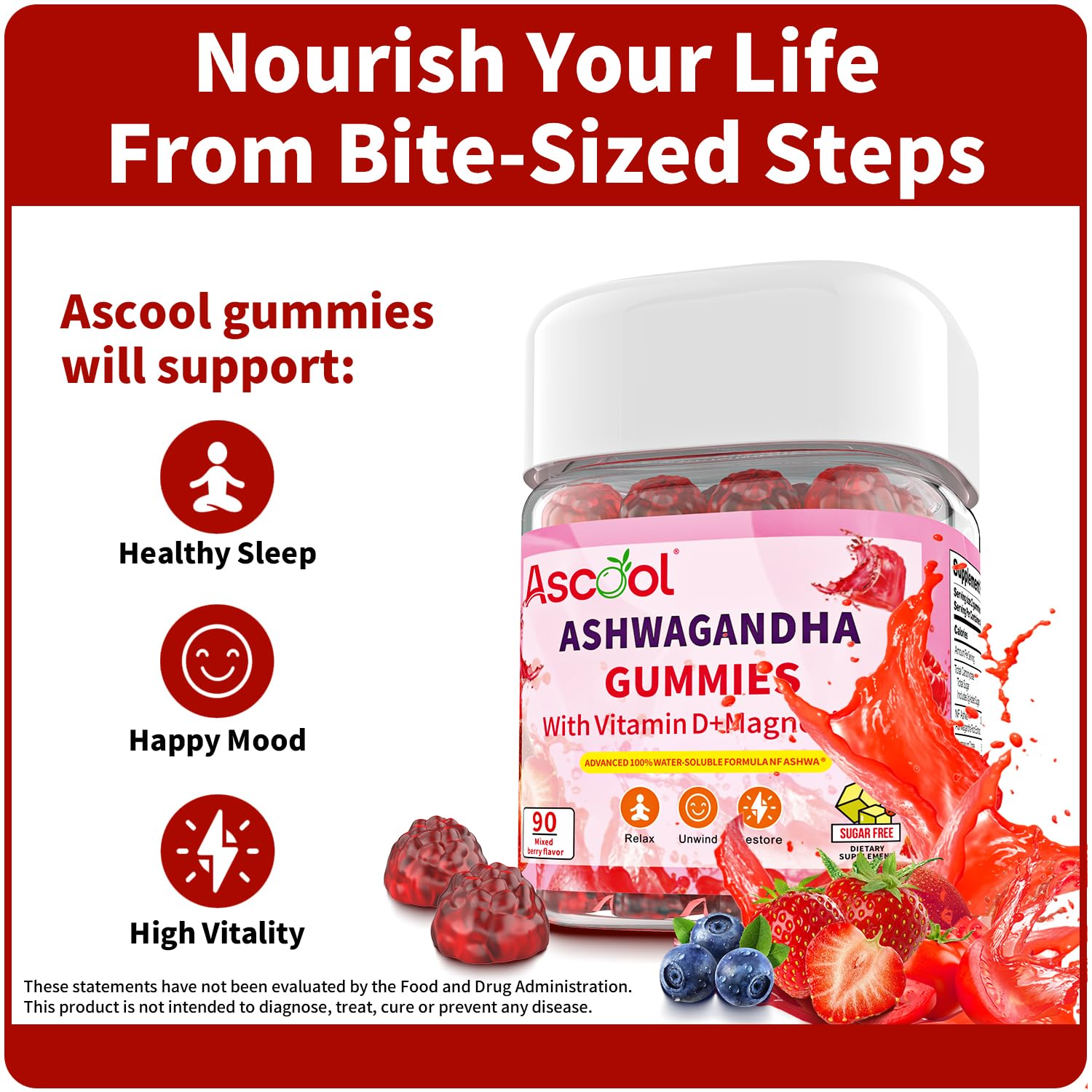 Ascool Ashwagandha Gummies for Stress Relief & Clam with Magnesium + Vitamin D – 90 Count Sugar-Free, Vegan Ashwa Supplements - Maple Wellness Supplements