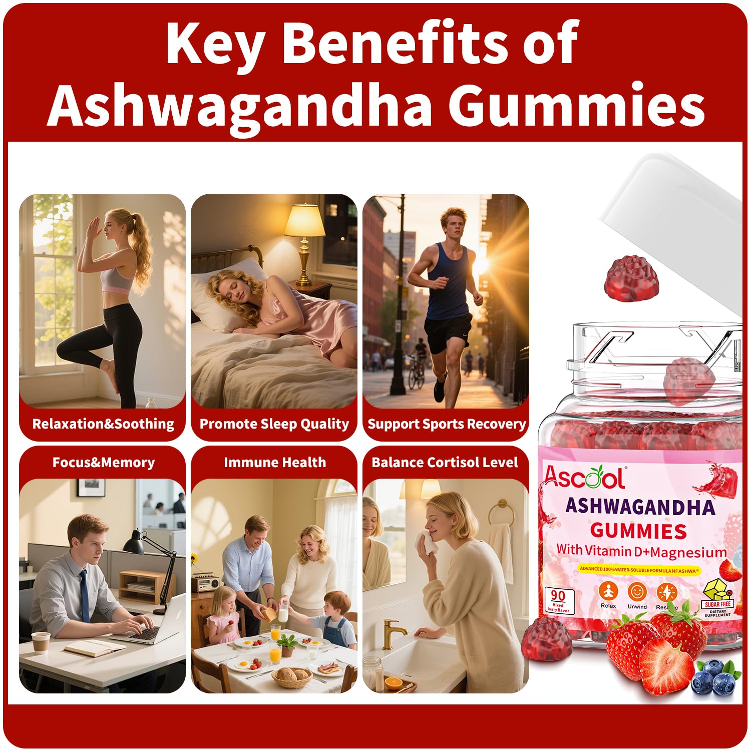 Ascool Ashwagandha Gummies for Stress Relief & Clam with Magnesium + Vitamin D – 90 Count Sugar-Free, Vegan Ashwa Supplements - Maple Wellness Supplements