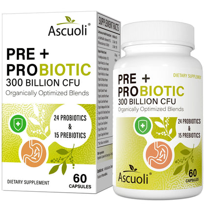 Ascuoli Probiotics for Women & Men - 300 Billion CFU, 24 Strains Probiotics + 15 Organic Herbs Blend, Daily Probiotic for Digestive Health, - Maple Wellness Supplements