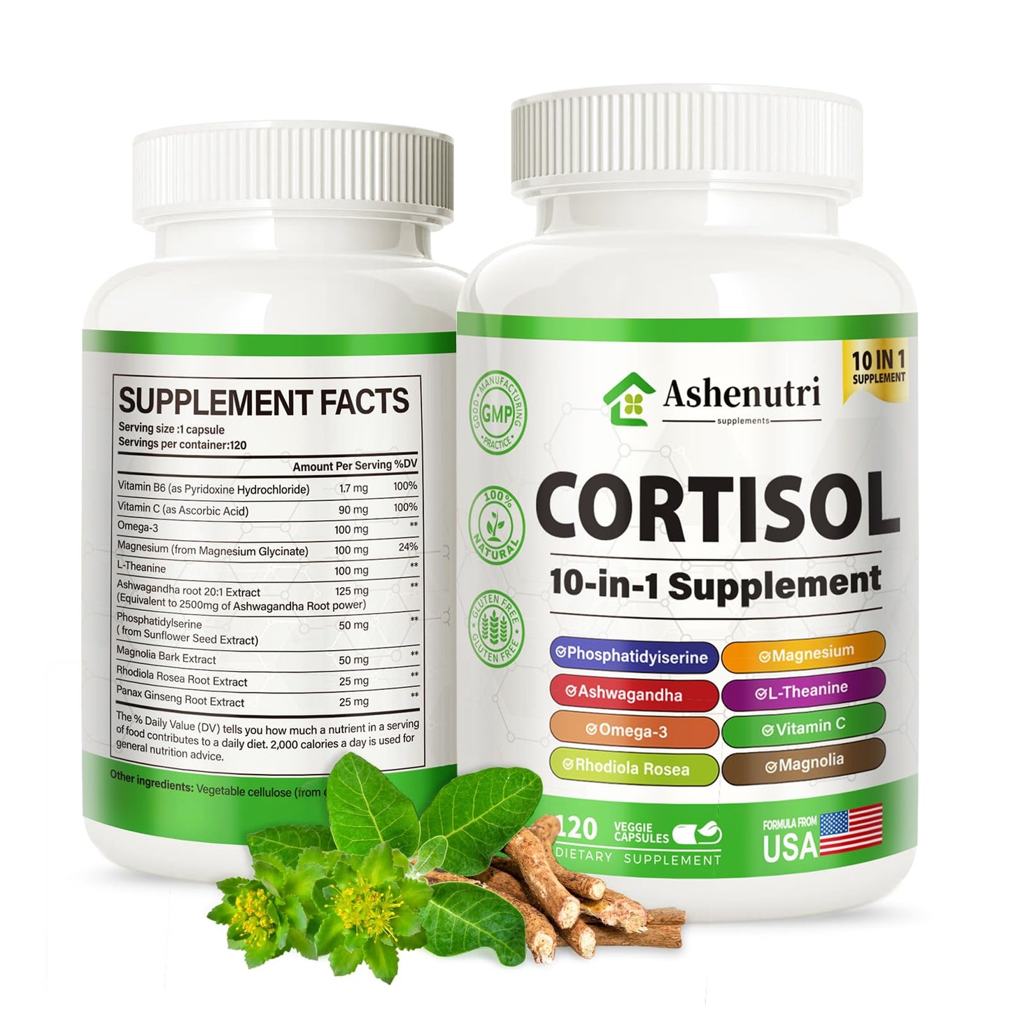Ashenutri 10-in-1 Cortisol Supplement with Magnesium,Ashwagandha,Rhodiola Rosea,L Theanine,Hormone Balance for Women 120 Vegan Capsules - Maple Wellness Supplements