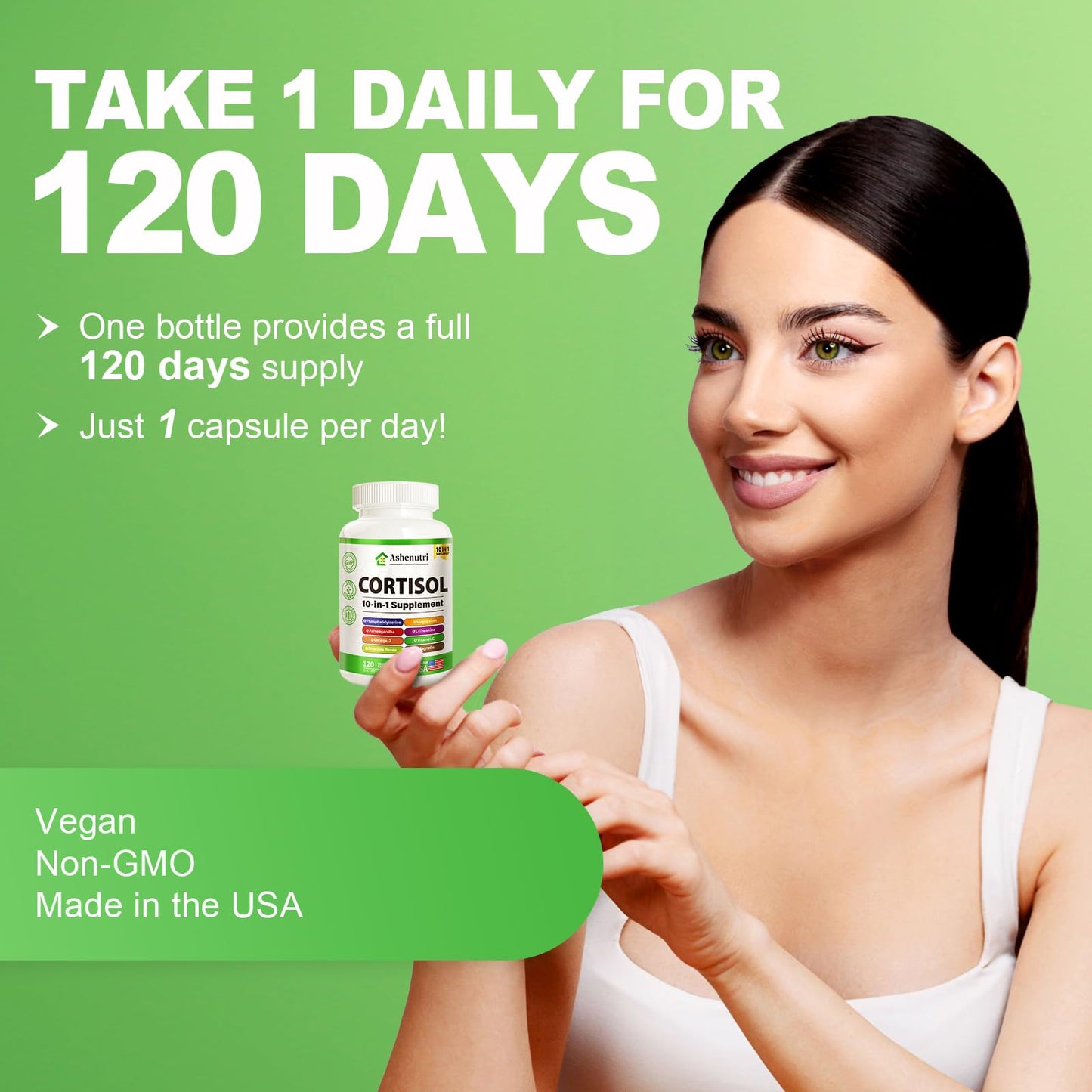 Ashenutri 10-in-1 Cortisol Supplement with Magnesium,Ashwagandha,Rhodiola Rosea,L Theanine,Hormone Balance for Women 120 Vegan Capsules - Maple Wellness Supplements