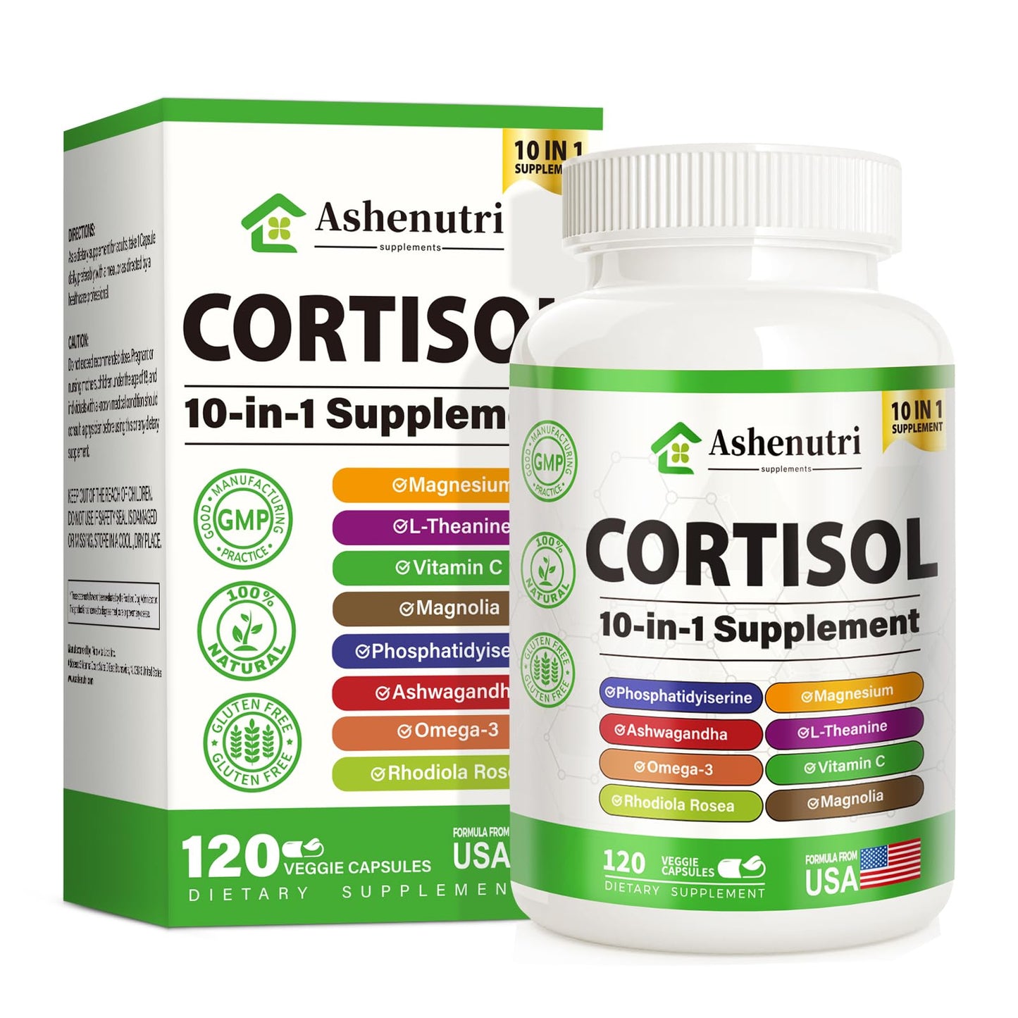 Ashenutri 10-in-1 Cortisol Supplement with Magnesium,Ashwagandha,Rhodiola Rosea,L Theanine,Hormone Balance for Women 120 Vegan Capsules - Maple Wellness Supplements