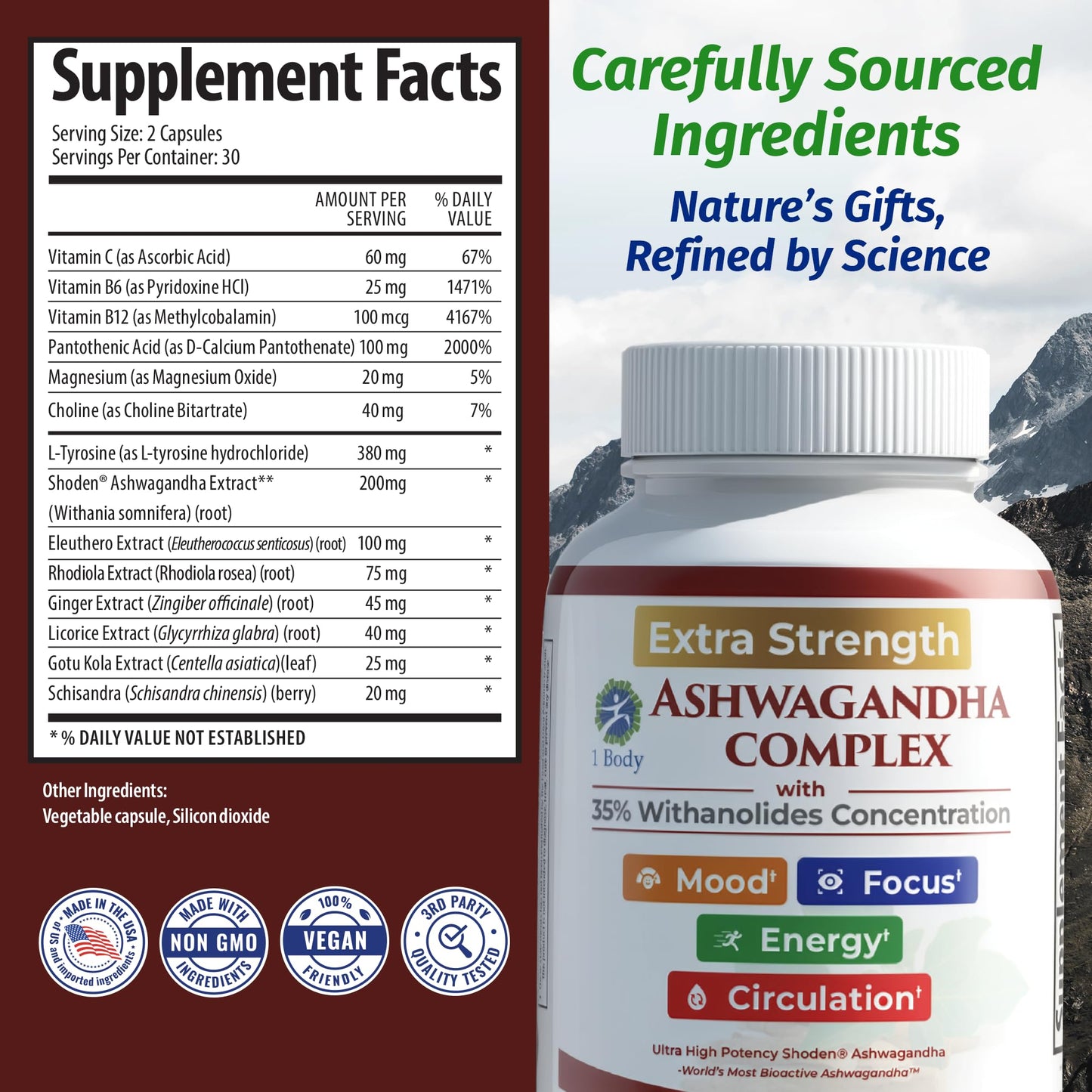 Ashwagandha Complex Adrenal Support Supplement for Stress Relief, Cortisol Balance, Energy & Focus, Mood Support, 35% Withanolides, 60 Vegan Capsules - Maple Wellness Supplements