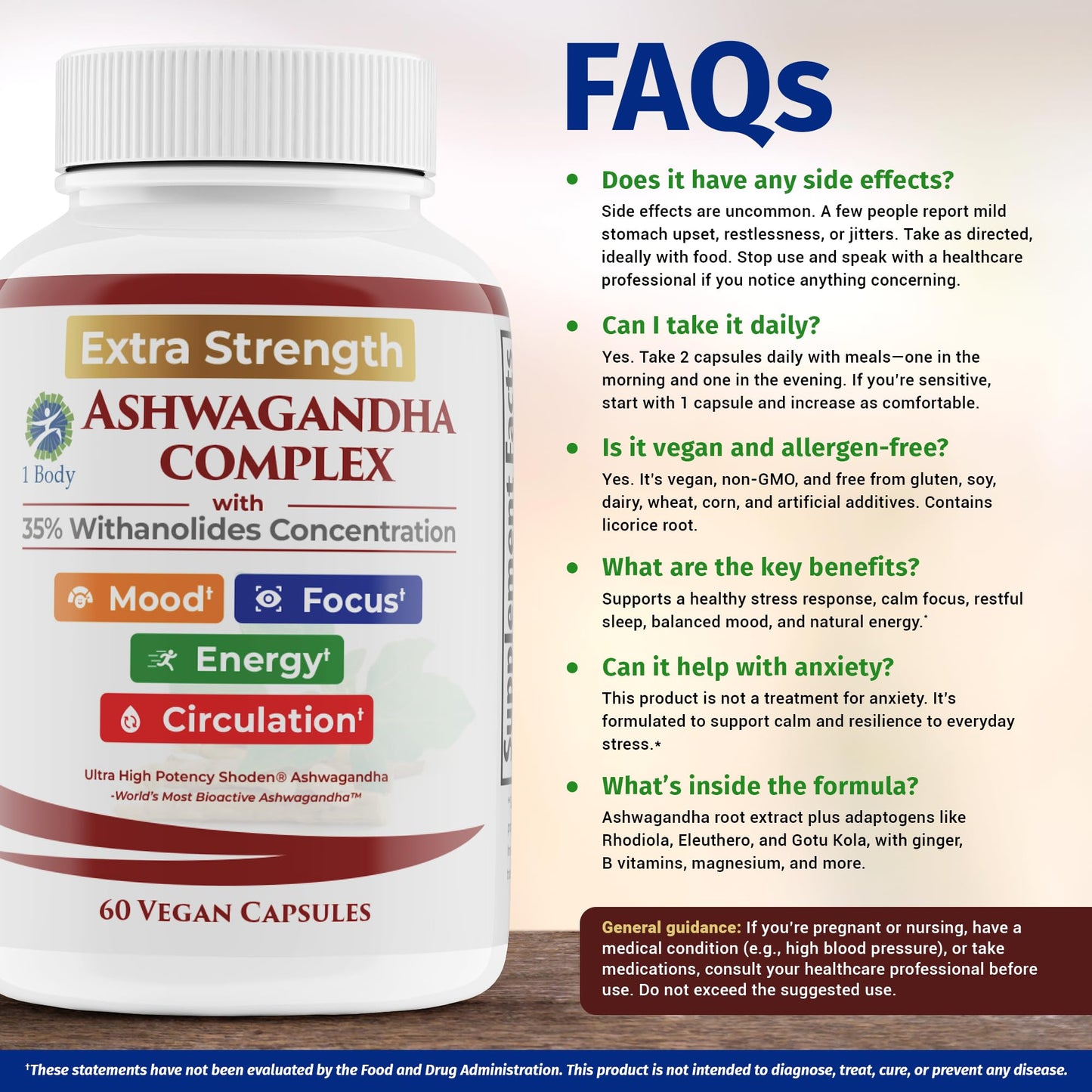 Ashwagandha Complex Adrenal Support Supplement for Stress Relief, Cortisol Balance, Energy & Focus, Mood Support, 35% Withanolides, 60 Vegan Capsules - Maple Wellness Supplements
