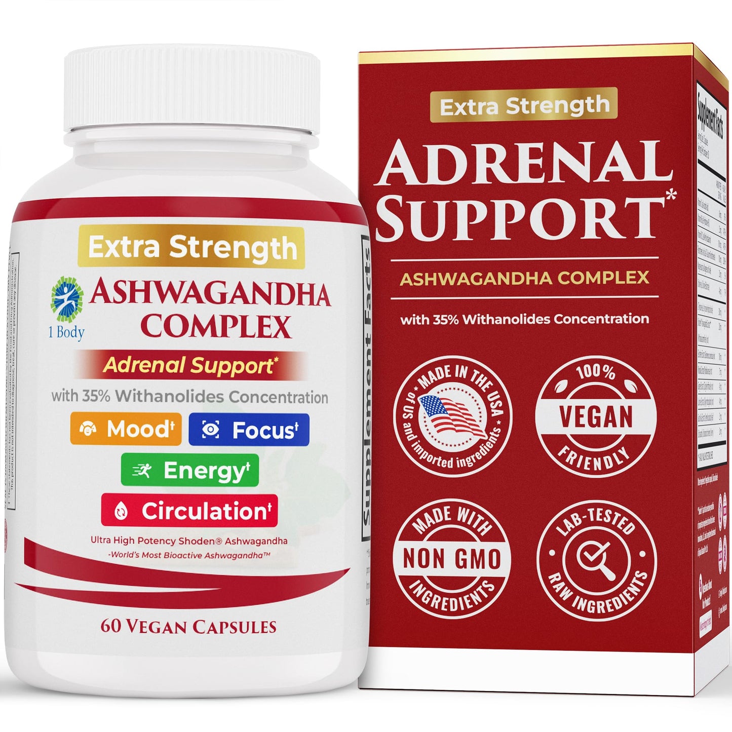 Ashwagandha Complex Adrenal Support Supplement for Stress Relief, Cortisol Balance, Energy & Focus, Mood Support, 35% Withanolides, 60 Vegan Capsules - Maple Wellness Supplements