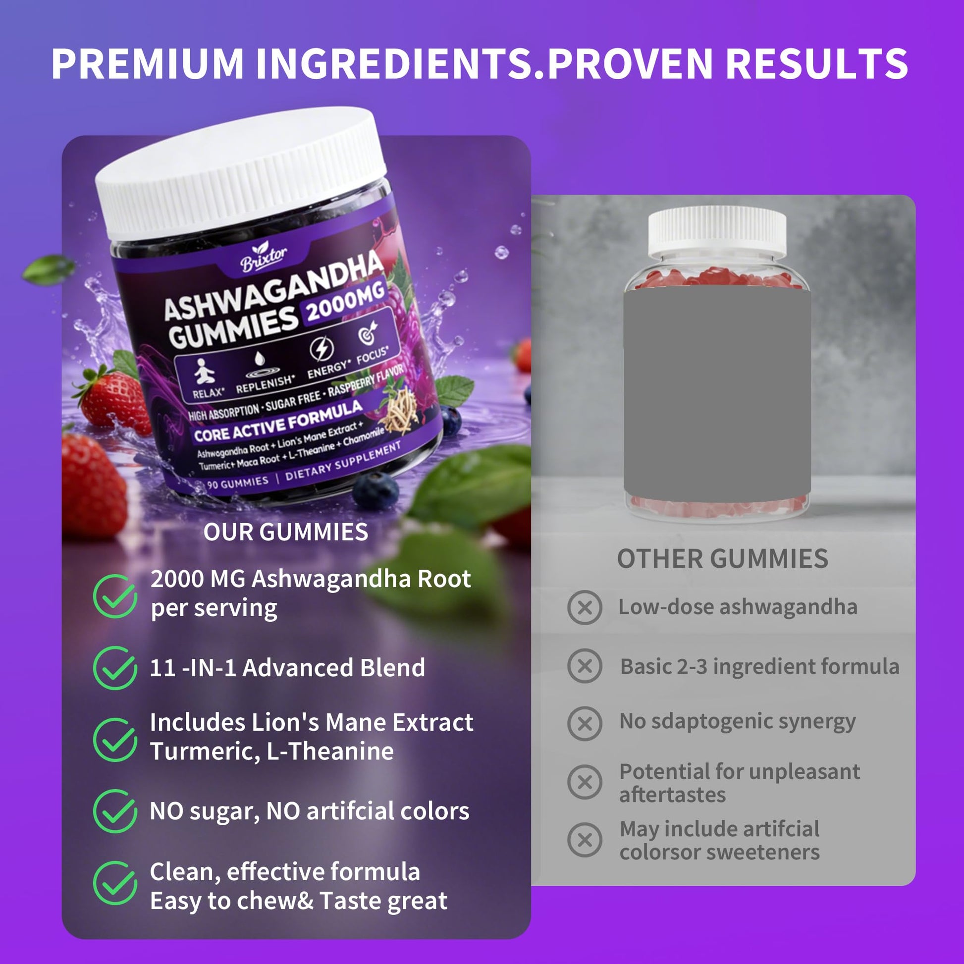 Ashwagandha Gummies - 2000MG Organic Ashwagandha & Lions Mane Gummies for Adults with Vitamin D3 B12, L-Theanine, Cortisol Supplements for Women & Men, Sugar-Free, Vegan, Berry Flavor - 90 Counts - Maple Wellness Supplements