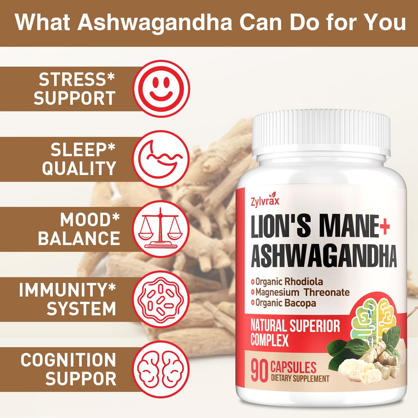 Ashwagandha & Lions Mane Supplements Capsules, Brain Supplements for Memory and Focus, Ashwagandha with Rhodiola Rosea for Cognitive, Immune Support, Cortisol Supplements for Women, 90 Capsules - Maple Wellness Supplements