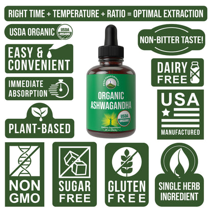 Ashwagandha Liquid Drops. USDA Organic Vegan Supplement. Extra Strength Ashwagandha Root Extract for Women, Men, Kids. with Adaptogens. Zero Sugar, Organic, Gluten Free Tincture Supplements. - Maple Wellness Supplements