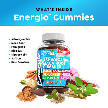 Ashwagandha Maca Root Gummies with Fenugreek Hibiscus Slippery Elm Saffron Extract & Beta Carotene | Peach Flavor Vegan Gummy Vitamins Adaptogen Cortisol Supplement Energlo by Clean Nutra - Maple Wellness Supplements