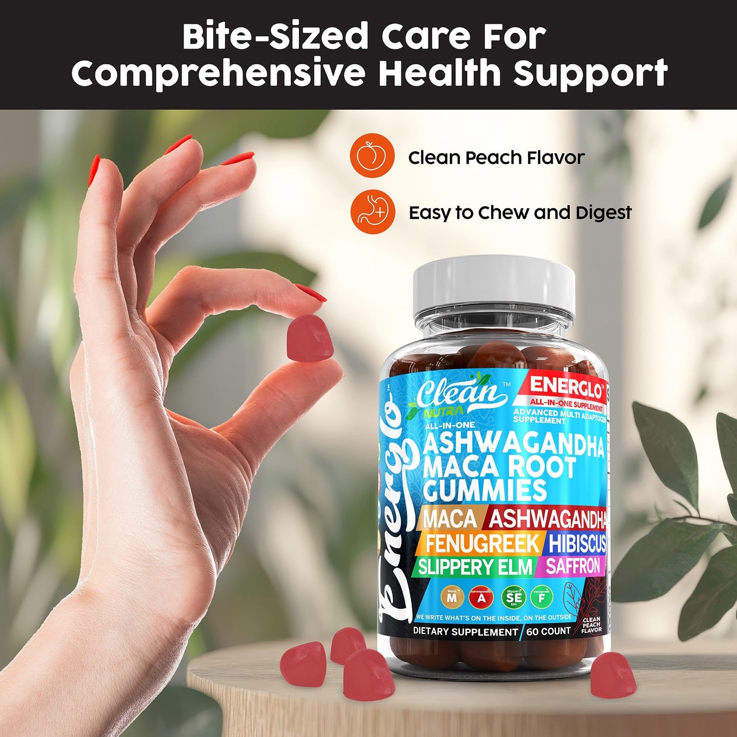 Ashwagandha Maca Root Gummies with Fenugreek Hibiscus Slippery Elm Saffron Extract & Beta Carotene | Peach Flavor Vegan Gummy Vitamins Adaptogen Cortisol Supplement Energlo by Clean Nutra - Maple Wellness Supplements