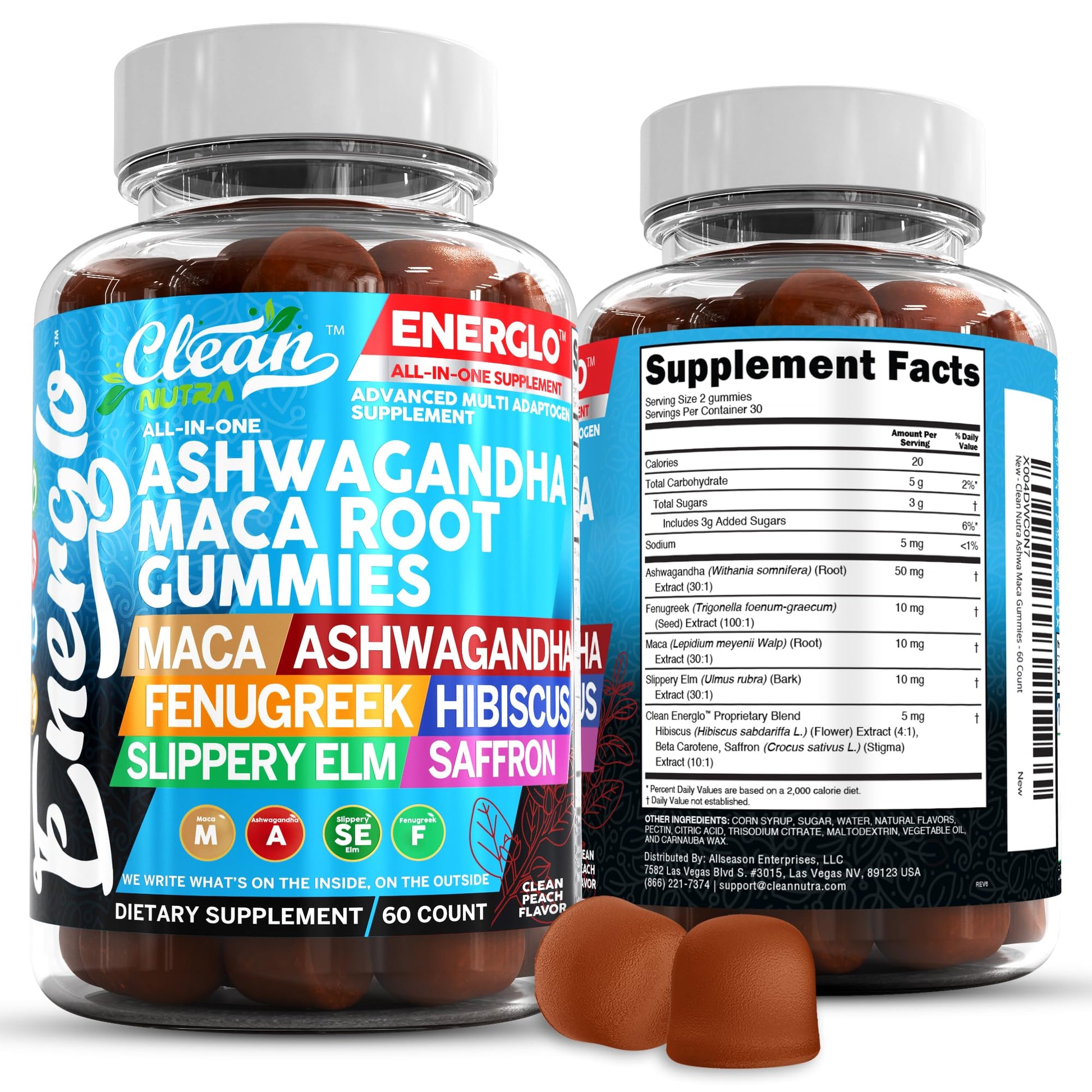 Ashwagandha Maca Root Gummies with Fenugreek Hibiscus Slippery Elm Saffron Extract & Beta Carotene | Peach Flavor Vegan Gummy Vitamins Adaptogen Cortisol Supplement Energlo by Clean Nutra - Maple Wellness Supplements