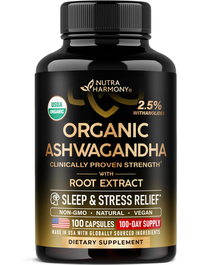 Ashwagandha Supplements 1800mg - USDA Organic Ashwagandha for Women & Men - Clinically Effective Strength for Stress Relief & Sleep - Powder & Root Extract 2.5% Withanolides - Made in USA 100 Capsules - Maple Wellness Supplements