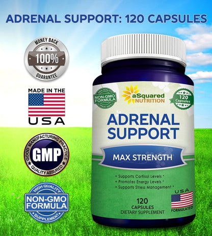 aSquared Nutrition Adrenal Support & Cortisol Manager Supplement (120 Capsules)-Adrenal Health w/Vitamin C Complex Pills to Support Fatigue & Stress Relief-Ashwagandha, L-Tyrosine, Rhodiola & Ginseng - Maple Wellness Supplements