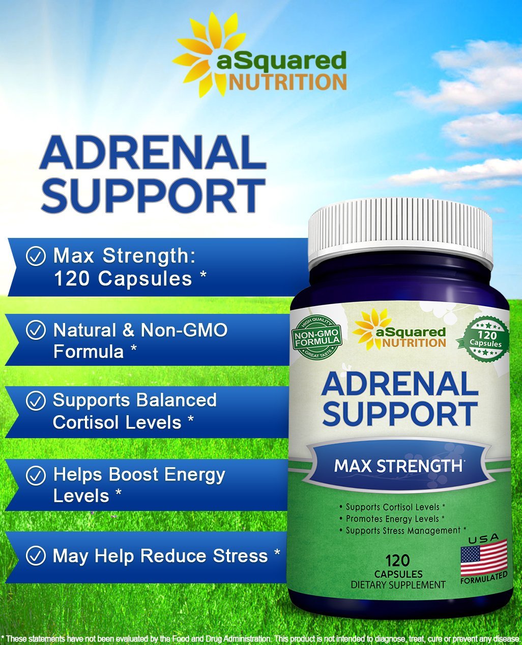 aSquared Nutrition Adrenal Support & Cortisol Manager Supplement (120 Capsules)-Adrenal Health w/Vitamin C Complex Pills to Support Fatigue & Stress Relief-Ashwagandha, L-Tyrosine, Rhodiola & Ginseng - Maple Wellness Supplements