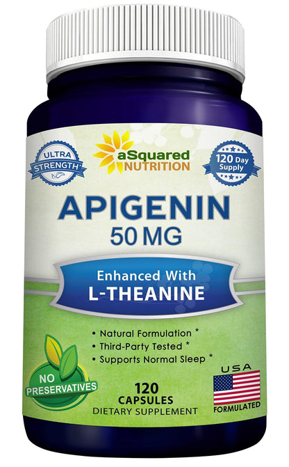 aSquared Nutrition Apigenin 50mg & L-Theanine 200mg - 120 Capsules - Apigenin Supplement Pills for Sleep and Relaxation - Maple Wellness Supplements