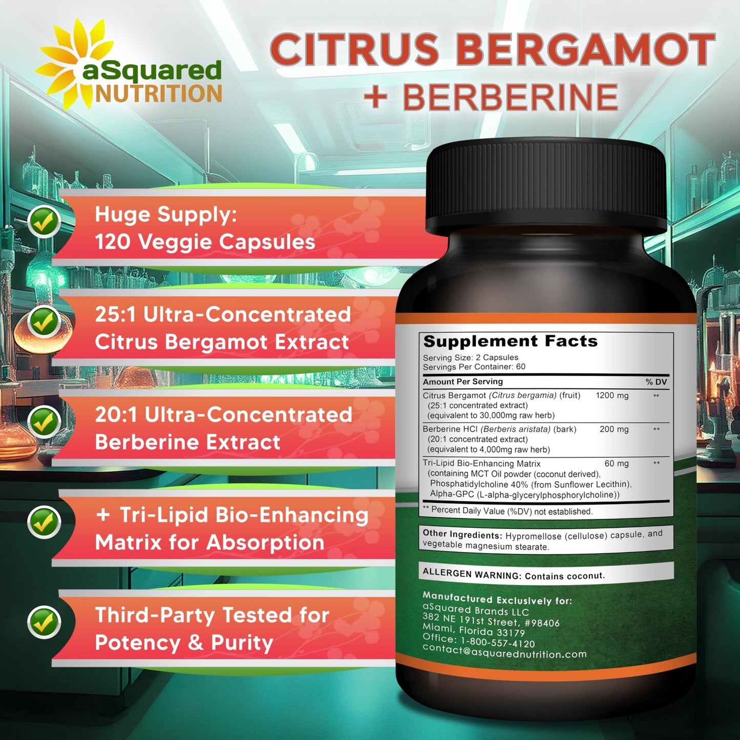 aSquared Nutrition Citrus Bergamot with Berberine Supplement - 1400mg Per Serving Max Strength Complex - 120 Capsules - Supports Cardiovascular Health - Maple Wellness Supplements
