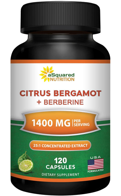 aSquared Nutrition Citrus Bergamot with Berberine Supplement - 1400mg Per Serving Max Strength Complex - 120 Capsules - Supports Cardiovascular Health - Maple Wellness Supplements