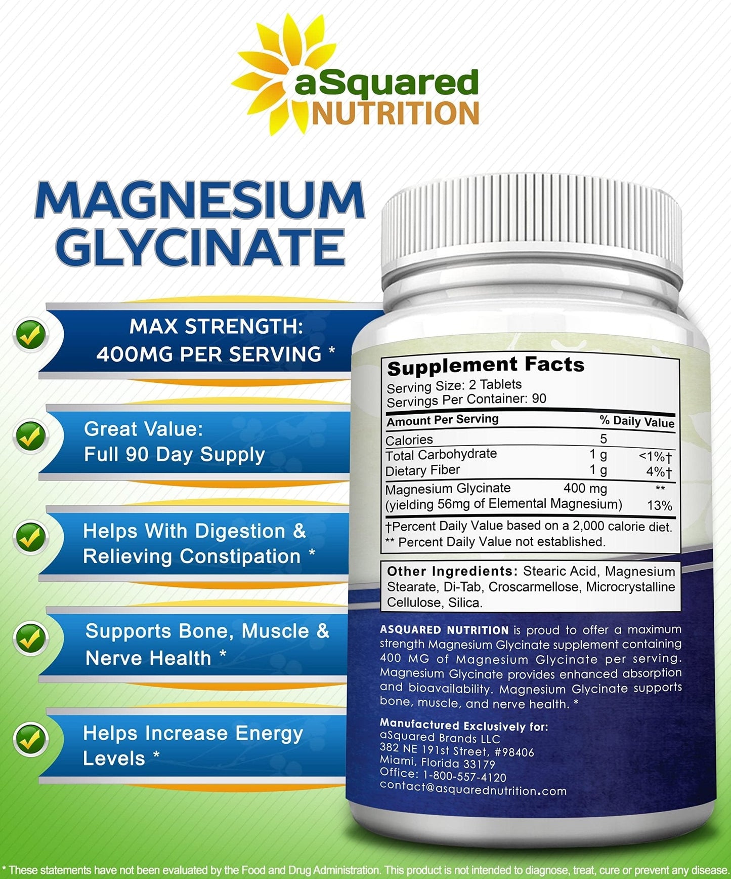 aSquared Nutrition Magnesium Glycinate 400mg - 180 Tablets - Max Strength Magnesium Bisglycinate Supplement -Maximum Bioavailability & Absorption-Non-GMO - Maple Wellness Supplements