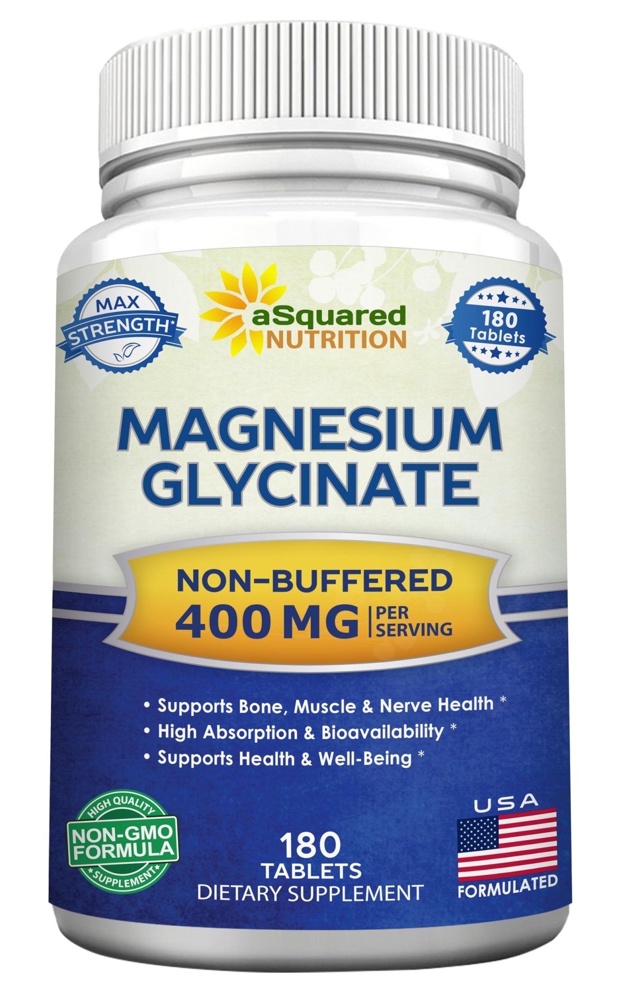 aSquared Nutrition Magnesium Glycinate 400mg - 180 Tablets - Max Strength Magnesium Bisglycinate Supplement -Maximum Bioavailability & Absorption-Non-GMO - Maple Wellness Supplements