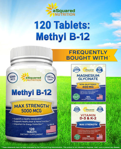 aSquared Nutrition Vitamin B12-5000 MCG Supplement with Methylcobalamin (Methyl B-12) - Max Strength Vitamin B 12 Support to Help Boost Natural Energy, - Maple Wellness Supplements