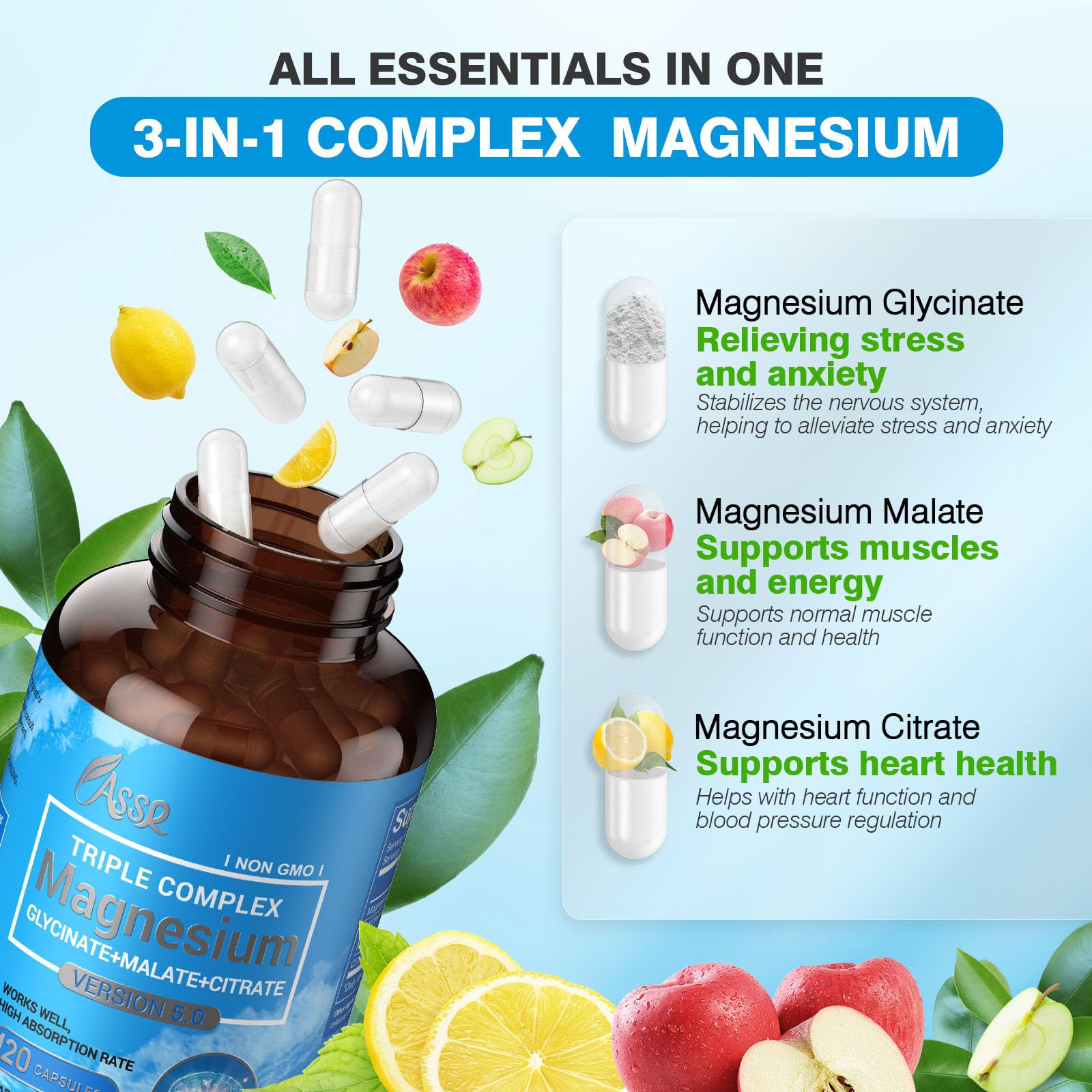 ASSR Triple Magnesium Complex – 300mg Magnesium Supplement with Glycinate, Malate & Citrate – Supports Relaxation, Muscle & Nerve Function - Maple Wellness Supplements
