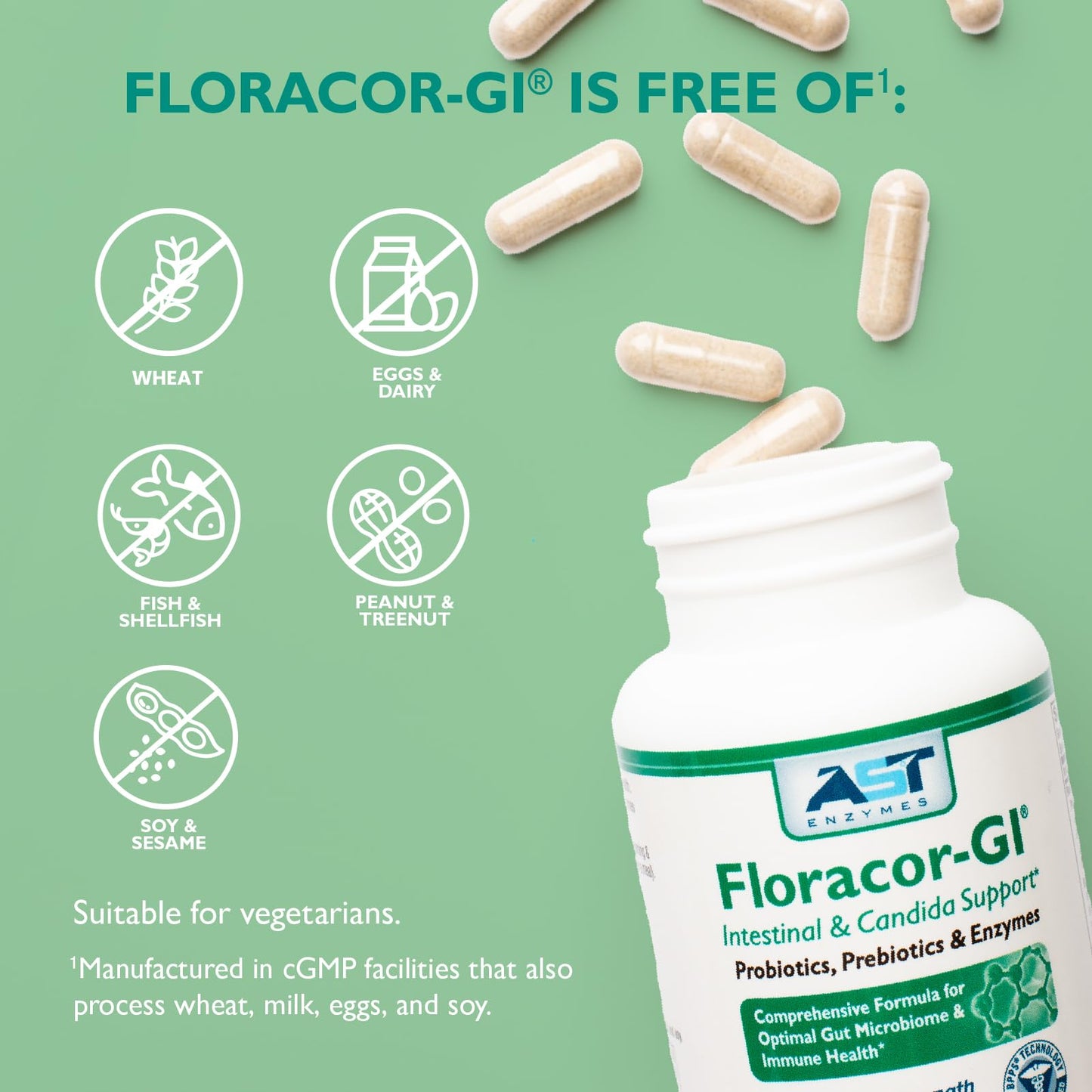 AST Enzymes Floracor - Supports Gut & Intestinal Health - Premium Probiotic, Prebiotic and Enzyme Formula - 60 Vegetarian Capsules - Maple Wellness Supplements
