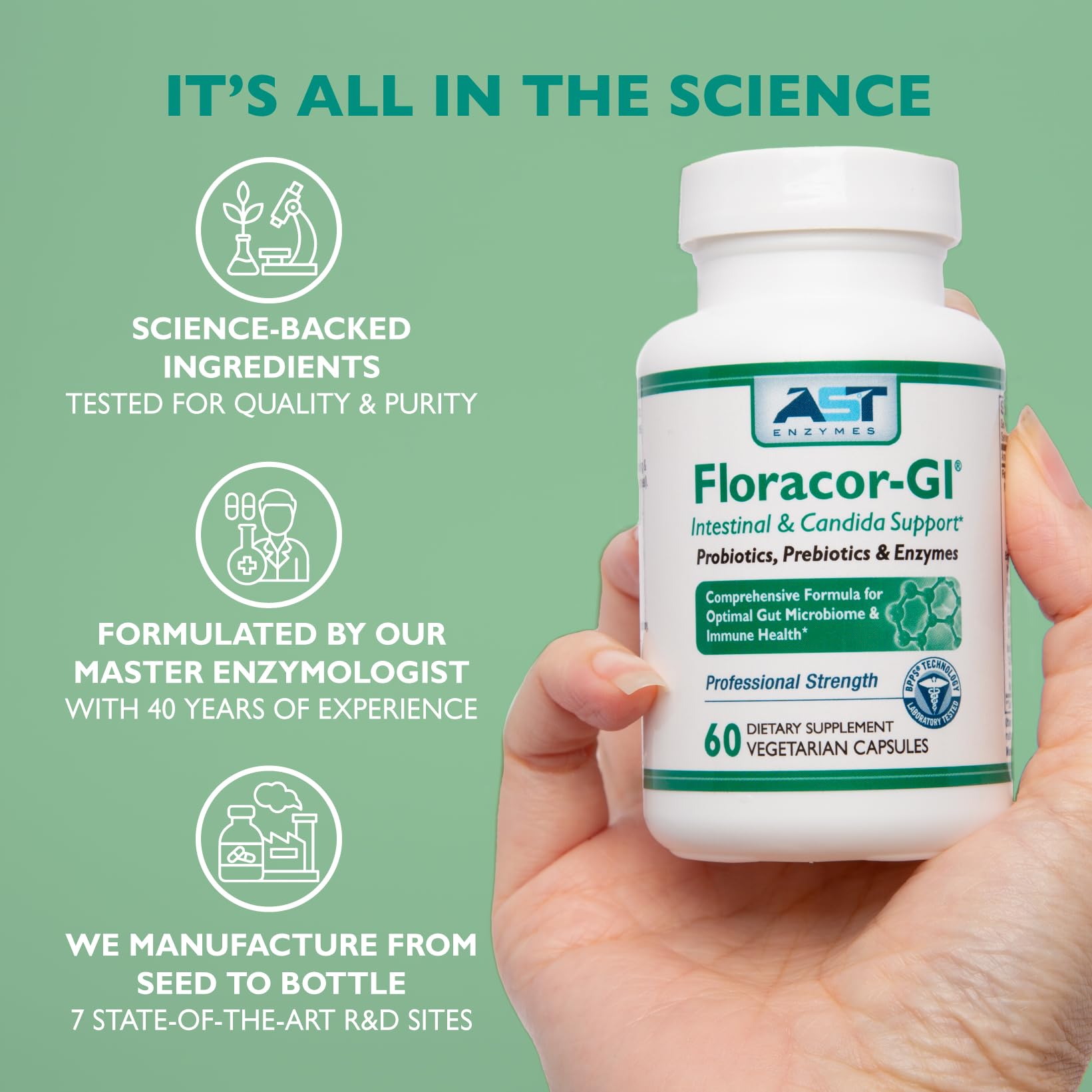 AST Enzymes Floracor - Supports Gut & Intestinal Health - Premium Probiotic, Prebiotic and Enzyme Formula - 60 Vegetarian Capsules - Maple Wellness Supplements