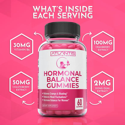 Atlantis Nutrition Hormonal Balance for Women & PMS Relief Gummies - Alleviates Cramps, Bloating, Mood Swings, Hot Flashes & Night Sweats - Cranberry, Dong Quai & Chasteberry Menstrual Cramp Relief - Maple Wellness Supplements