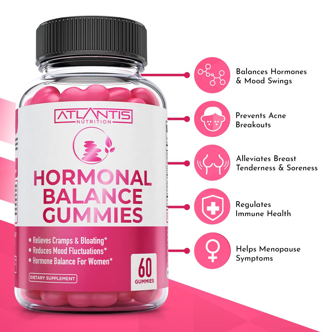 Atlantis Nutrition Hormonal Balance for Women & PMS Relief Gummies - Alleviates Cramps, Bloating, Mood Swings, Hot Flashes & Night Sweats - Cranberry, Dong Quai & Chasteberry Menstrual Cramp Relief - Maple Wellness Supplements